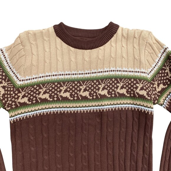 Vintage Fair Isle Deer Cable Knit Sweater Brown Cabin Ski 70s Grandpa Ugly-M - Picture 2 of 9